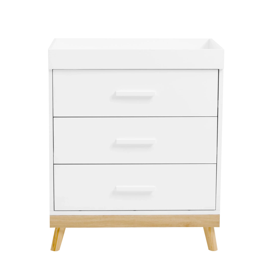 White dresser with three drawers and wooden legs on a white background
