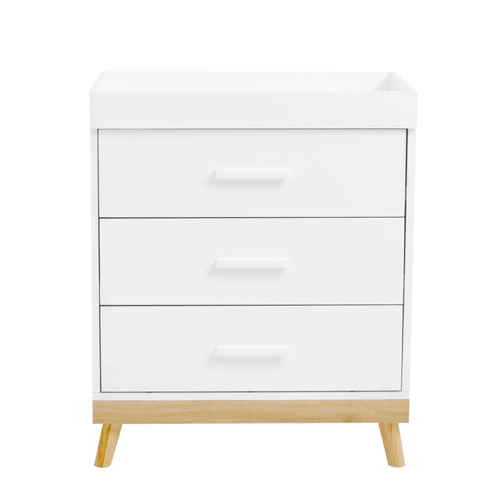 White dresser with three drawers and wooden legs on a white background