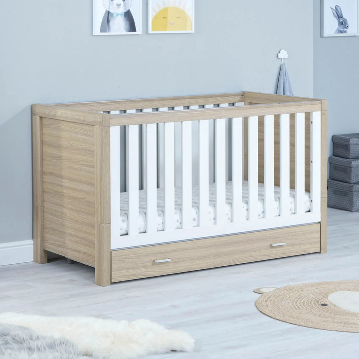 Babymore Luno White Oak Cot Bed with drawer