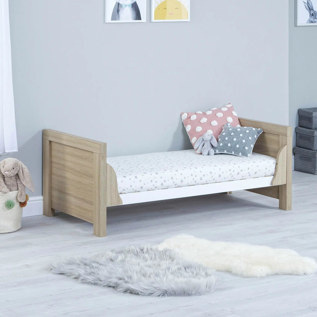 Babymore Luno White Oak Cot Bed with out drawer as a toddler bed