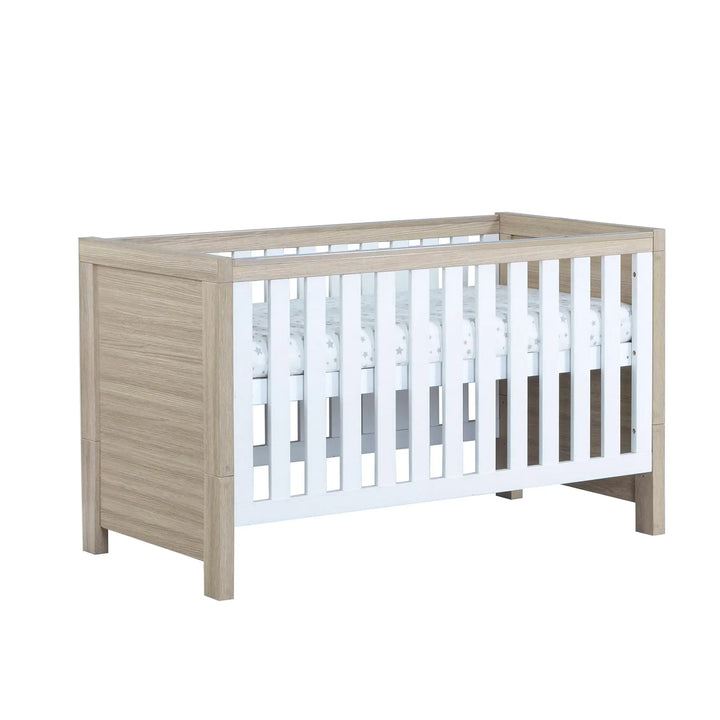 Babymore Luno White Oak Cot Bed without drawer on a white background