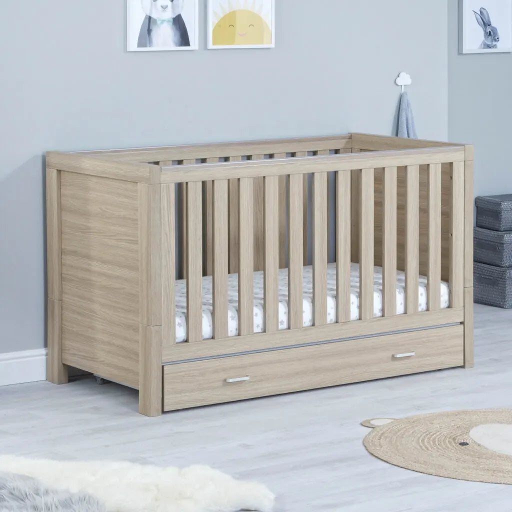 Babymore Luno Cot Bed with drawer in oak