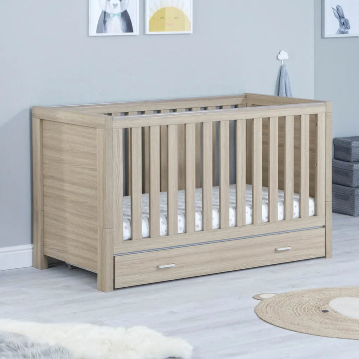 Babymore Luno Cot Bed with drawer in oak