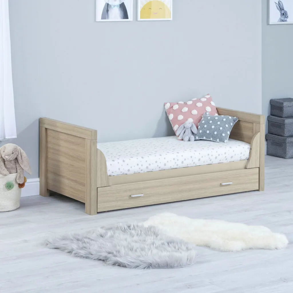 Babymore Luno Cot Bed with drawer in oak as a toddler bed