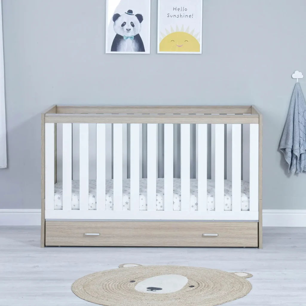 Babymore Veni Cot Bed White Oak with under cot drawer