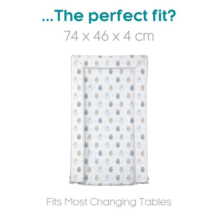 Changing table cover with owl pattern and size information on a white background