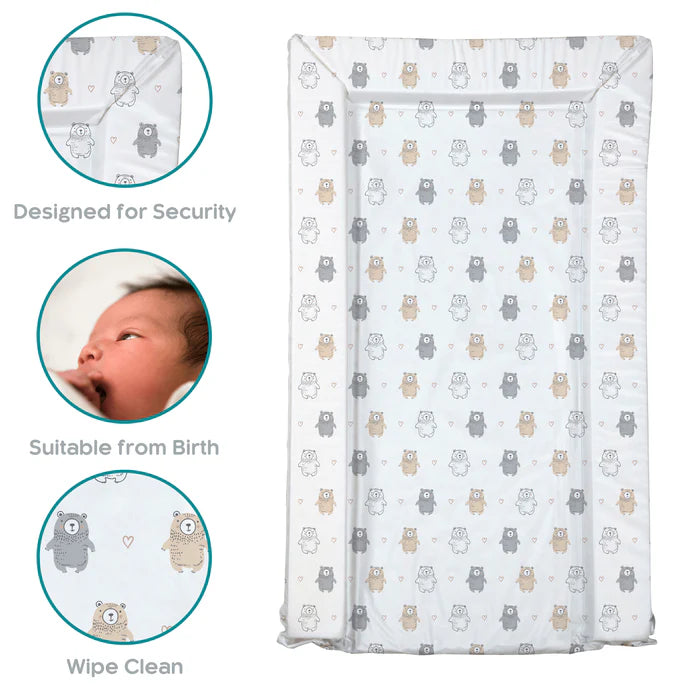Baby changing pad with owl pattern, suitable from birth, designed for security and wipe clean.