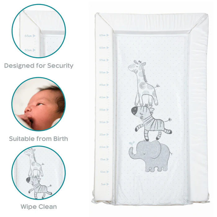 Baby changing pad with animal illustrations on a white background