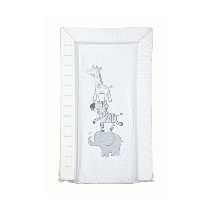 White changing pad with embroidered animals on a white background