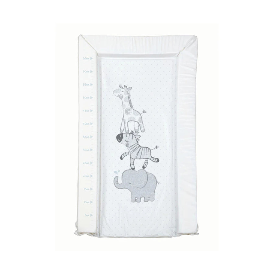 White changing pad with embroidered animals on a white background