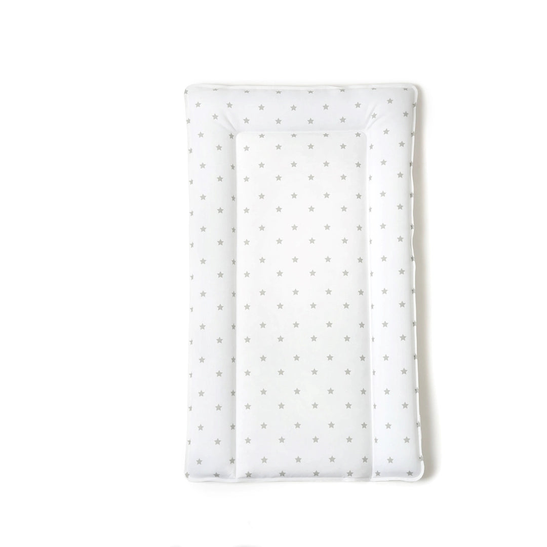 White baby changing pad with gray star pattern on a white background