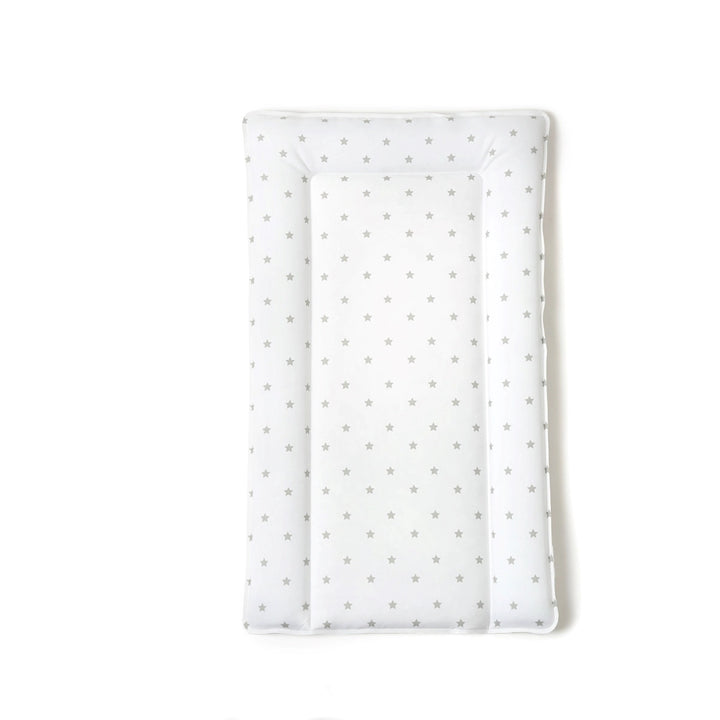 White baby changing pad with gray star pattern on a white background