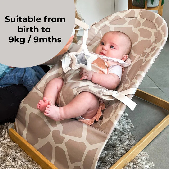 My Babiie Baby Bouncer with toy bar giraffe with text indicating suitability from birth to 9kg/9months.