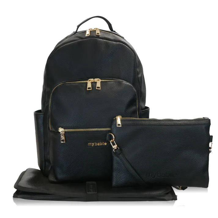 My Babiie Backpack Pro Changing Bag in Black/Gold and matching pouch with gold zippers 