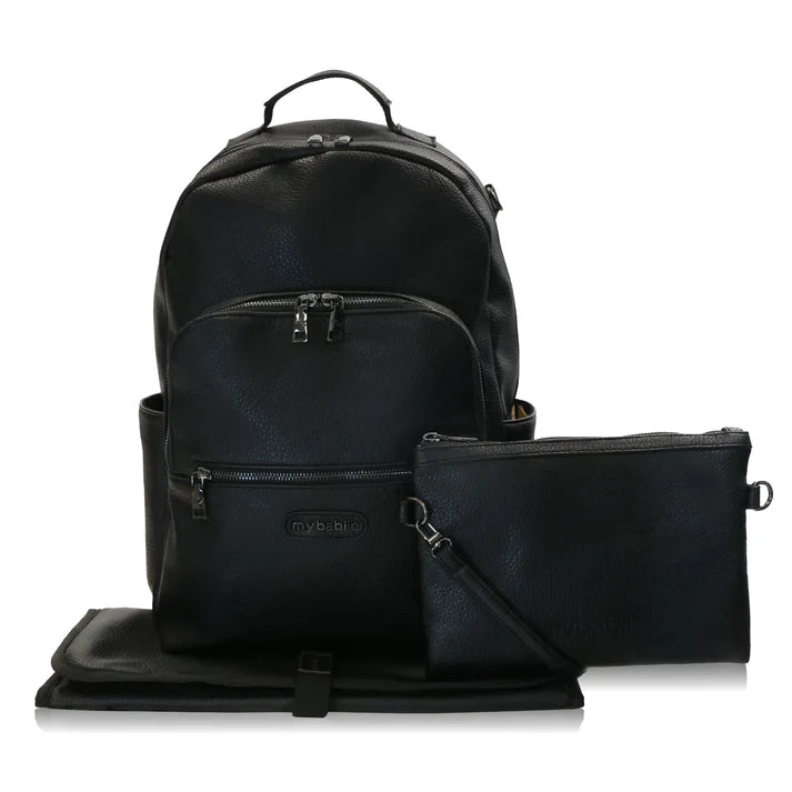 My Babiie Backpack Pro Changing Bag in Black & Gunmetal with accessories