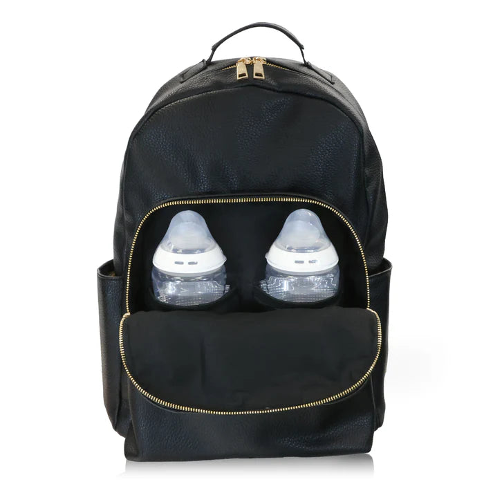 My Babiie Backpack Pro Changing Bag in Black/Gold with two baby bottles in front pocket