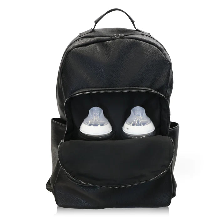 My Babiie Backpack Pro Changing Bag in Black & Gunmetal with two baby bottles inside