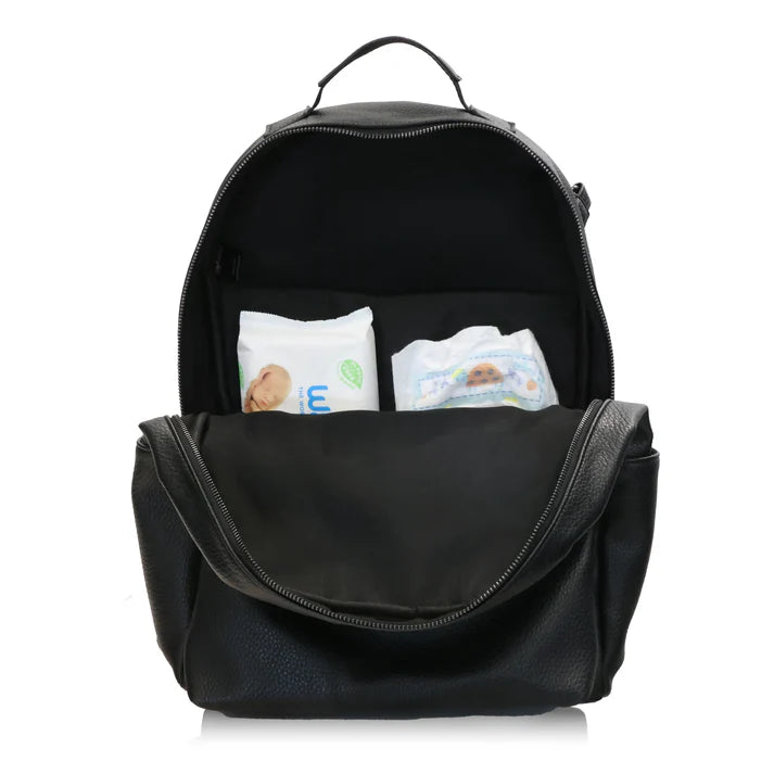 My Babiie Backpack Pro Changing Bag in Black & Gunmetal with open front pocket displaying baby wipes