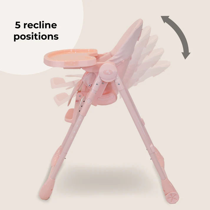 My Babiie Luxe Highchair in Pink with recline positions feature on a white background