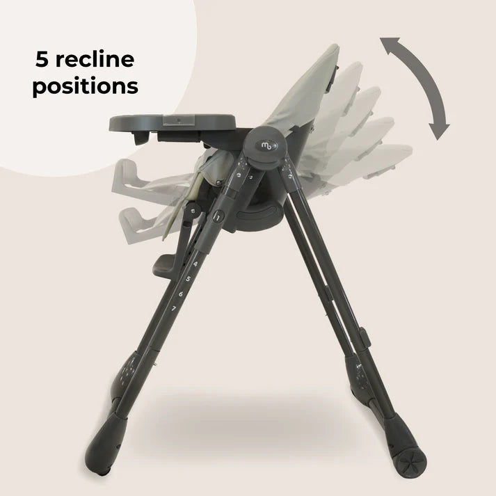 My Babiie Luxe Highchair in Grey with recline positions feature on a white background