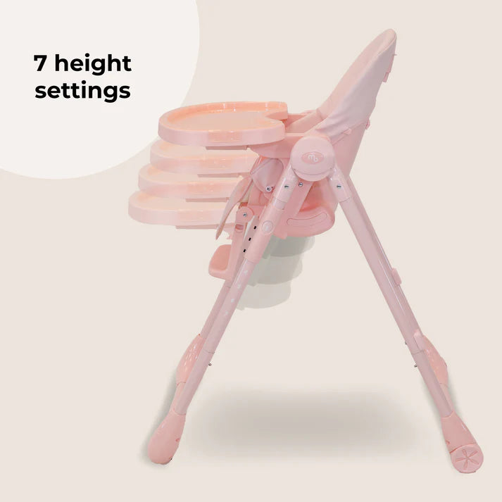 My Babiie Luxe Highchair in Pink with height adjustment settings on a light background