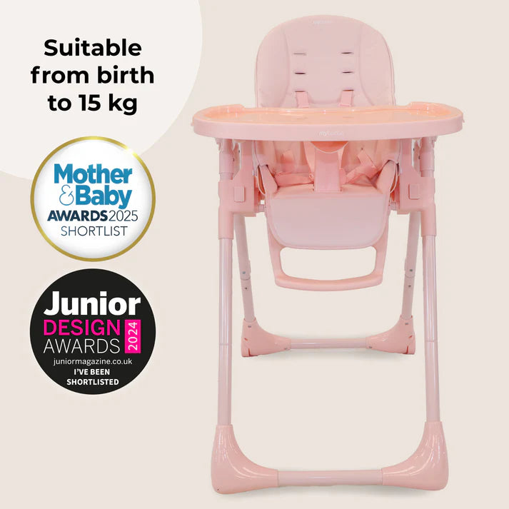 My Babiie Luxe Highchair in Pink with awards on a white background