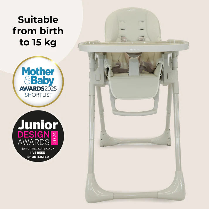 My Babiie Luxe Highchair in Oatmeal with awards on a light background