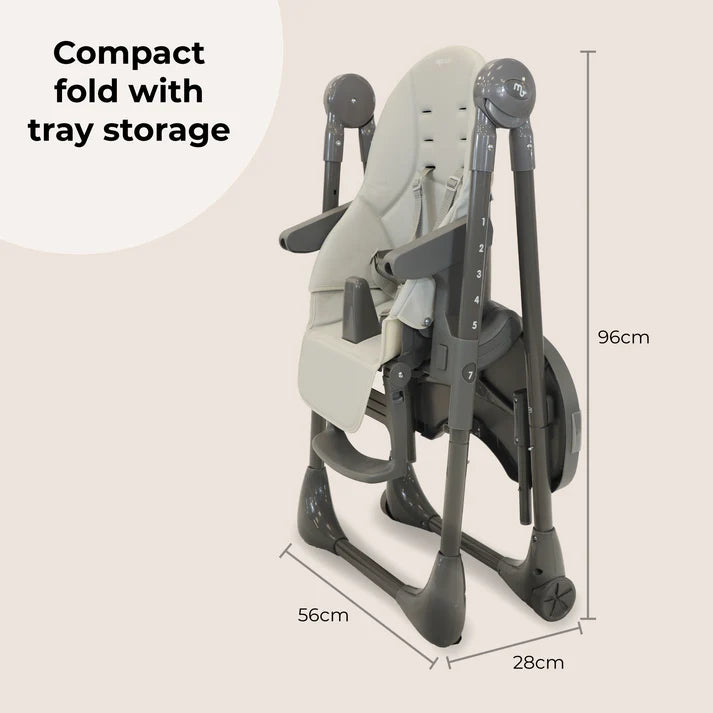 Foldable My Babiie Luxe Highchair in Grey with tray storage and dimensions on a light background