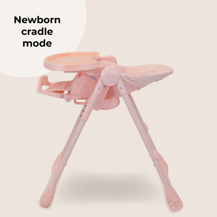 My Babiie Luxe Highchair in Pink in newborn cradle mode on a white background