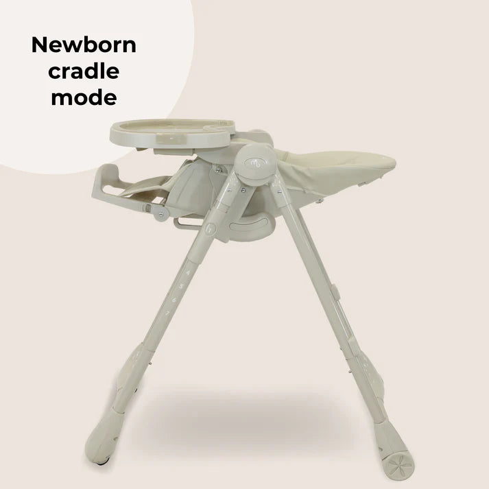 My Babiie Luxe Highchair in Oatmeal in newborn cradle mode on a white background