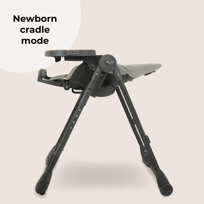 My Babiie Luxe Highchair in Grey in 'Newborn cradle mode' on a white background