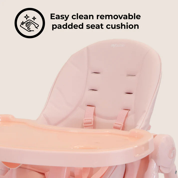 My Babiie Luxe Highchair in Pink with an easy-clean removable padded seat cushion on a light pink background.