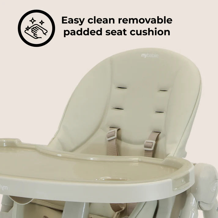 My Babiie Luxe Highchair in Oatmeal with an easy-clean removable padded seat cushion on a light background