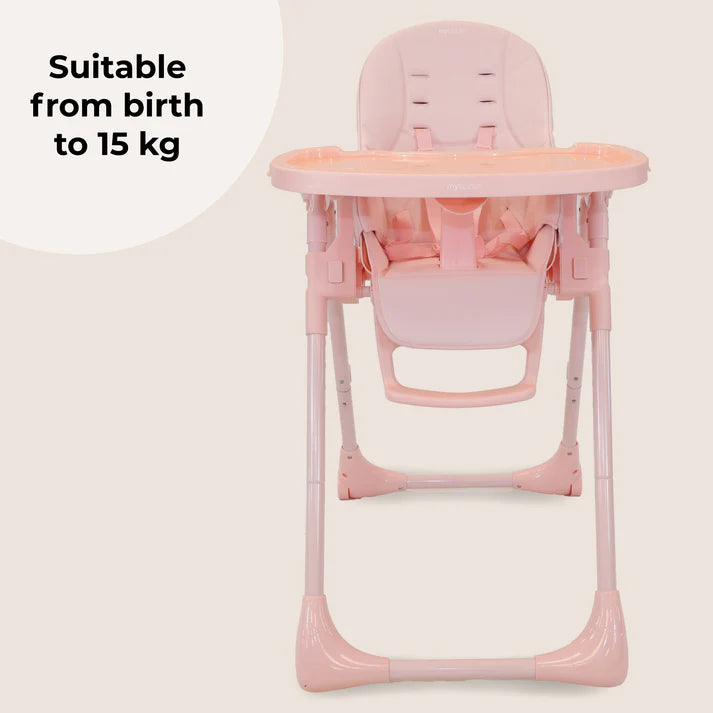 My Babiie Luxe Highchair in Pink on a white background with text indicating suitability from birth to 15 kg.