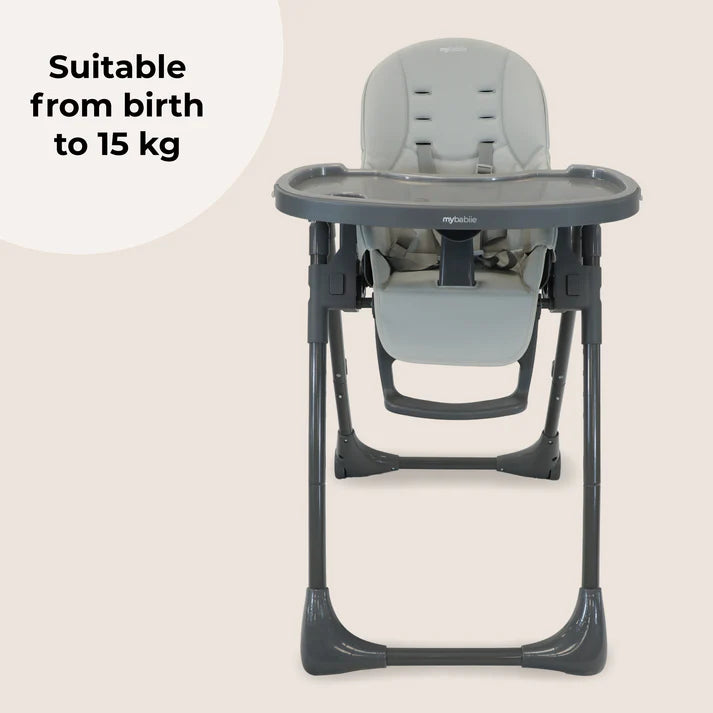 My Babiie Luxe Highchair in Grey with text indicating suitability from birth to 15 kg on a white background