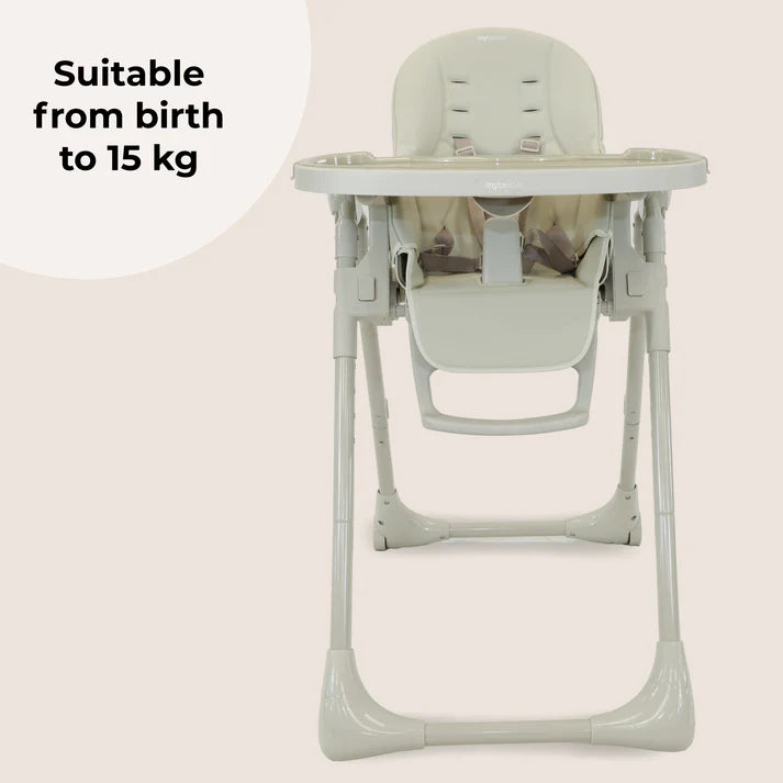 My Babiie Luxe Highchair in Oatmeal suitable from birth to 15 kg on a light beige background