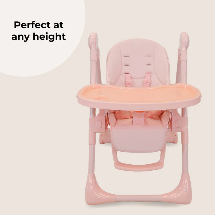 My Babiie Luxe Highchair in Pink with text 'Perfect at any height' on a white background