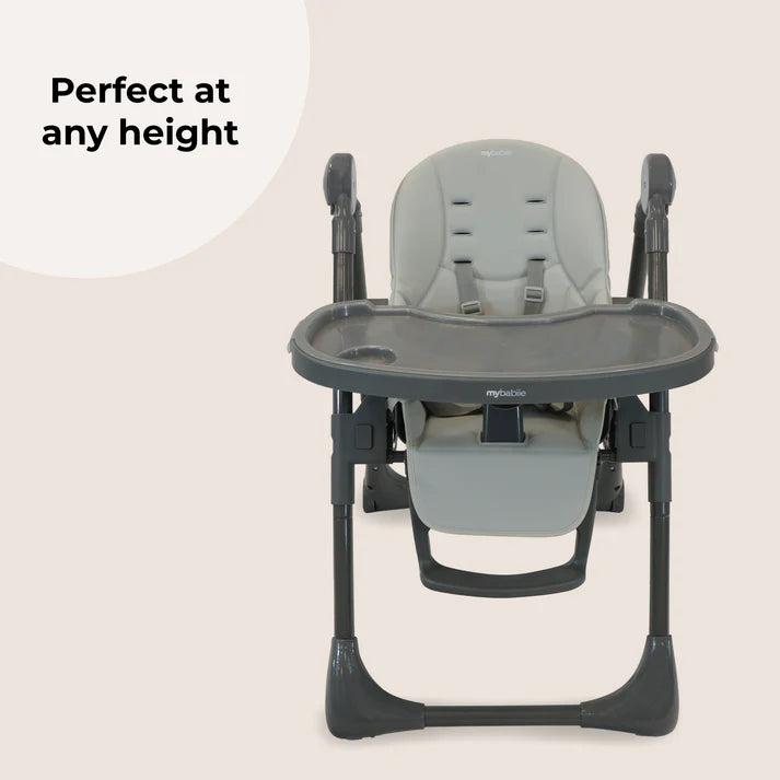 My Babiie Luxe Highchair in Grey with text 'Perfect at any height' on a light background