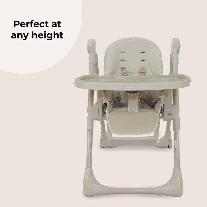 My Babiie Luxe Highchair in Oatmeal on a white background with text 'Perfect at any height'.
