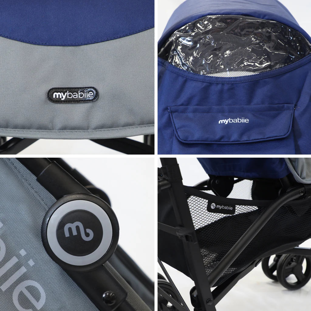 Collage of a blue and grey stroller with 'mybabiie' branding on various parts.