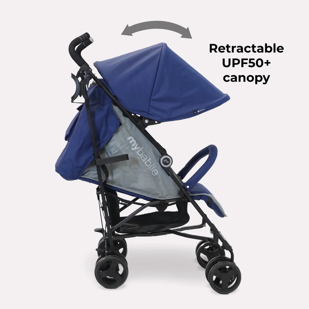 My Babiie MB02 Blue & Grey stroller with retractable UPF50+ canopy on a white background