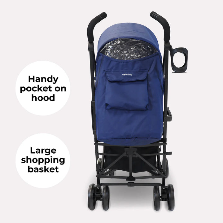 My Babiie MB02 Blue & Grey stroller with a large shopping basket and handy pocket on the hood against a white background