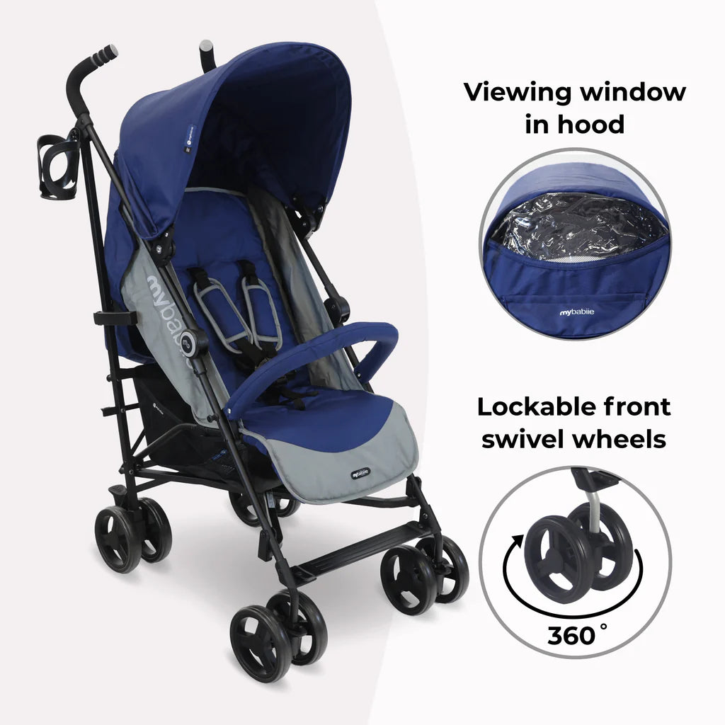 My Babiie MB02 blue & grey stroller with viewing window and swivel wheels