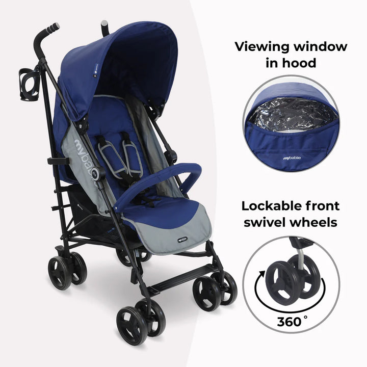 My Babiie MB02 blue & grey stroller with viewing window and swivel wheels