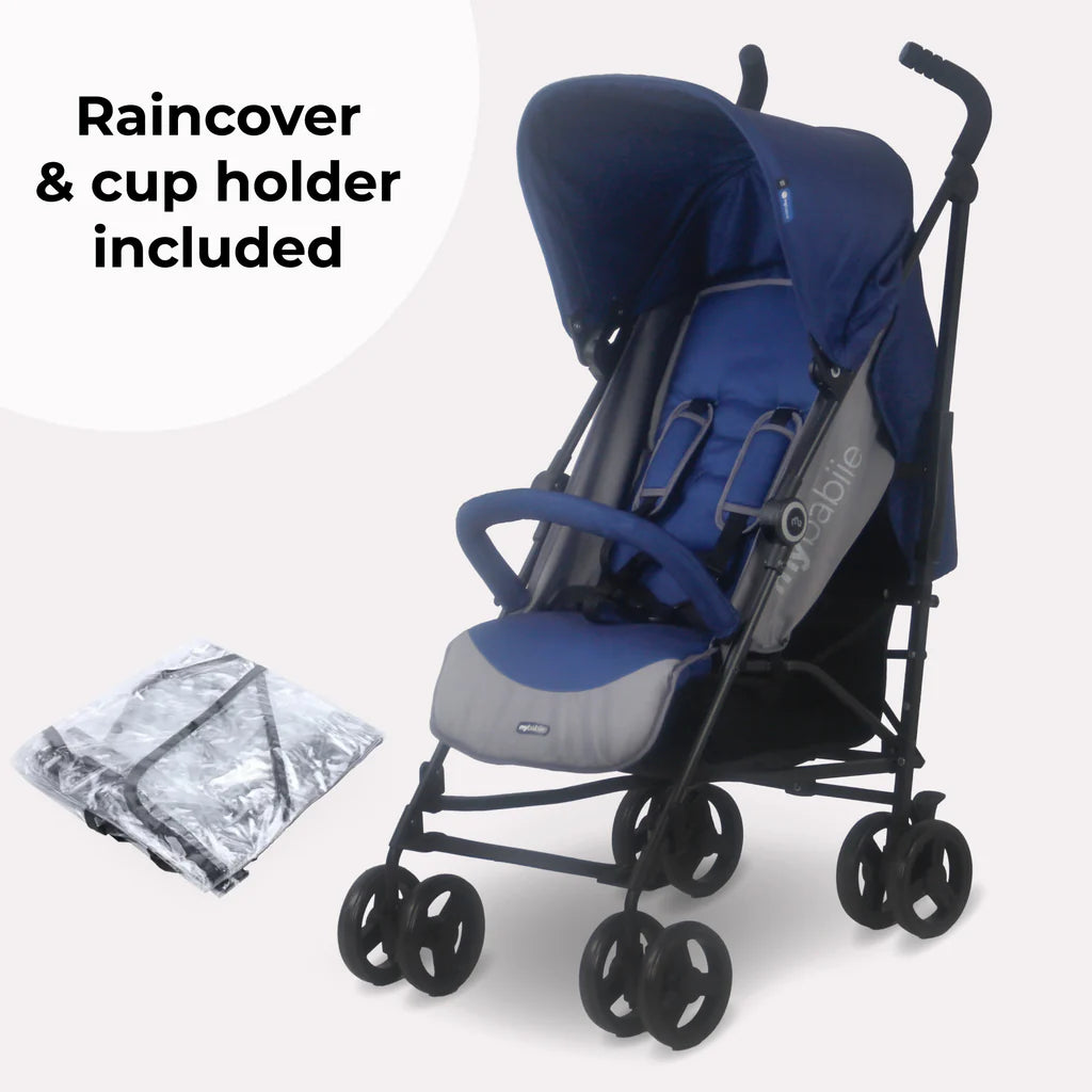 My Babiie Blue & Grey stroller with raincover and cup holder on a white background