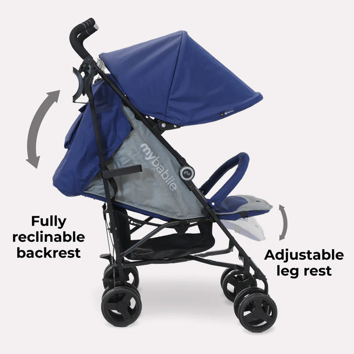 My Babiie MB02 Blue & Grey stroller with reclinable backrest and adjustable leg rest features on a white background