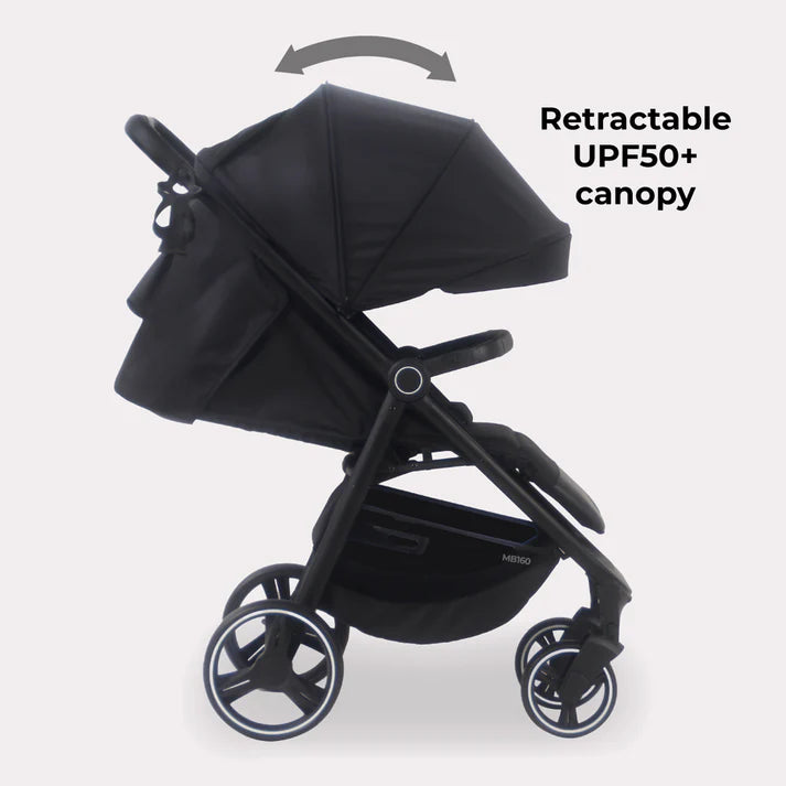 My Babiie MB160 Pushchair in Black Leopard with retractable UPF50+ canopy on a white background