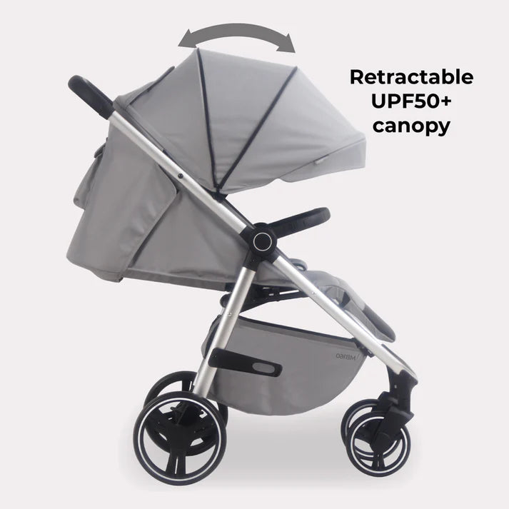 My Babiie MB160 in Grey Tropical with retractable UPF50+ canopy on a white background