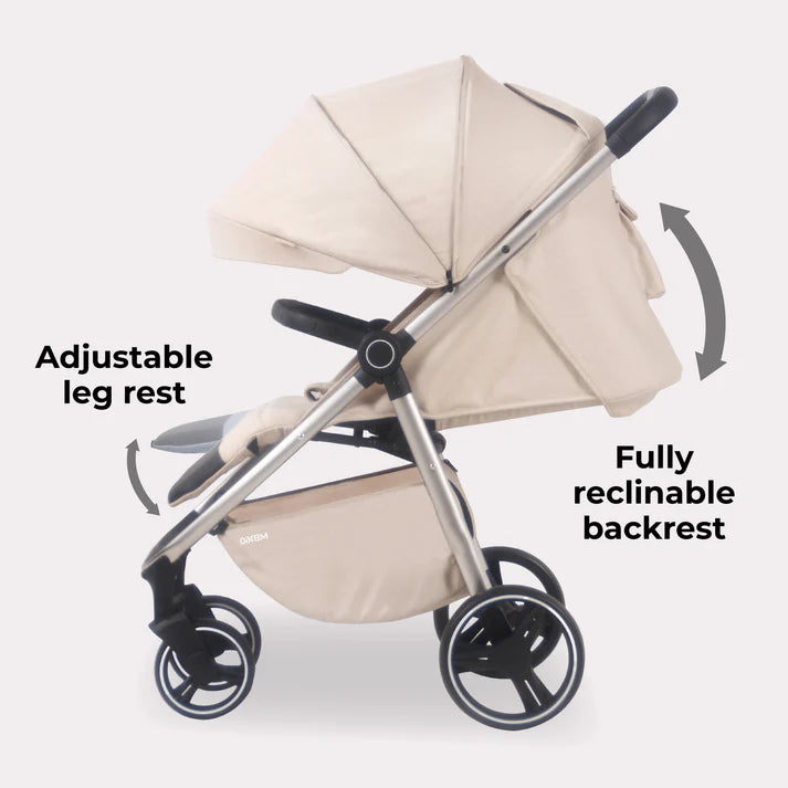 My Babiie MB160 Pushchair in Oatmeal with adjustable leg rest and fully reclinable backrest on a white background