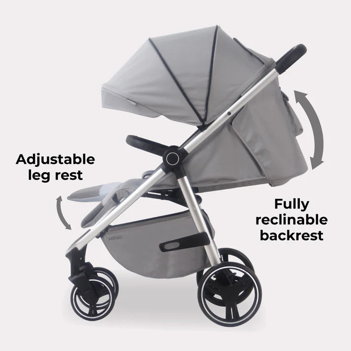My Babiie MB160 in Grey Tropical with adjustable leg rest and fully reclinable backrest on a white background